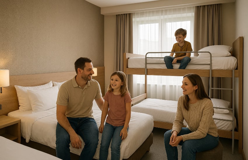 Familienzimmer Eine Familie mit zwei Kindern in einem Familienzimmer mit Stockbett in einem Hotel.